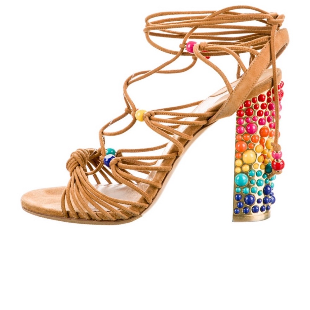 FERRAGAMO Light Brown Suede and Multi-Color Beaded Strappy Sandals.